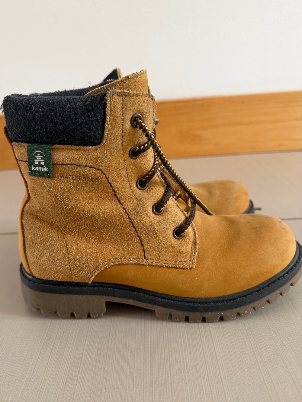 Kamik Kids Tan Suede Lace-Up Waterproof Boots with Black Collar